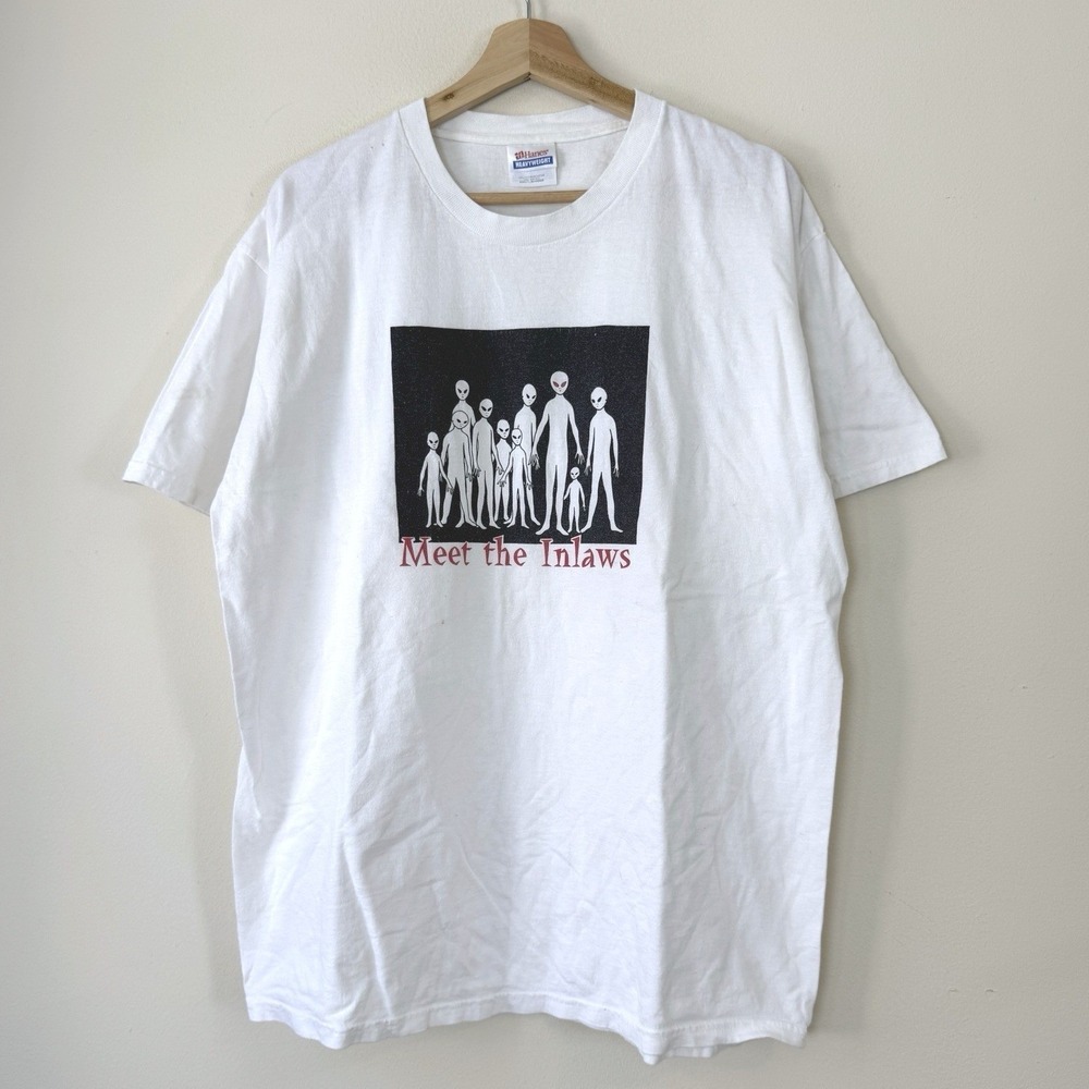 Vintage 90's Meet The Inlaws Alien Art Funny Quote White Tee Shirt - Large